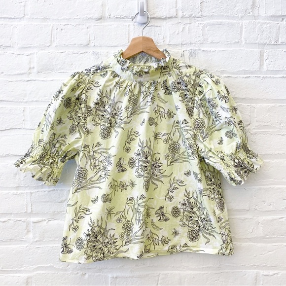 Hunter BellMonroe Top High Neck Ruffle Floral Light Green XS